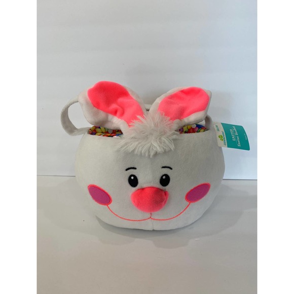 Pink & White Plush Easter Bunny Easter Basket Rabbit & Jelly Bean Centerpiece - Picture 2 of 6
